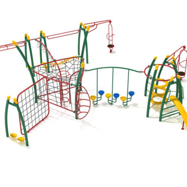 Temple Fitness Structure - Back View with Rainforest Green Posts, Sunglow Yellow Post Caps, Brick Red Rails, Black Rope and Sunglow Yellow & Pacific Blue Climbers