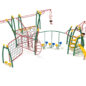 Temple Fitness Structure - Back View with Rainforest Green Posts, Sunglow Yellow Post Caps, Brick Red Rails, Black Rope and Sunglow Yellow & Pacific Blue Climbers