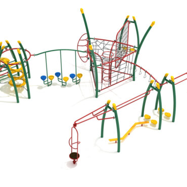 Temple Fitness Playground Structure - Front View with Rainforest Green Posts, Sunglow Yellow Post Caps, Brick Red Rails, Black Rope and Sunglow Yellow & Pacific Blue Climbers