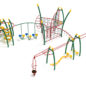 Temple Fitness Playground Structure - Front View with Rainforest Green Posts, Sunglow Yellow Post Caps, Brick Red Rails, Black Rope and Sunglow Yellow & Pacific Blue Climbers