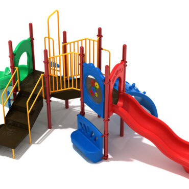 Custom colors - Primary Green/Primary Red Slides, Pacific Blue Panels/Climbers, Brick Red Posts, Sunglow Yellow Rails