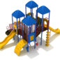 Custom Colors - Pacific Blue Roofs/Posts/Panels, Sunglow Yellow Slides, Climbers, Brick Red Rails,