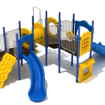 Custom Colors - Pacific Blue Slides, Sunglow Yellow Climbers/Panels, Cobalt Blue Posts, Sand Dollar Rails