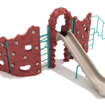 Craggy Summit Rock Climber and Slide with Teal Posts, Teal Rails, Terra Cotta Climbing Wall, Tan Hand holds, and Beige Slide