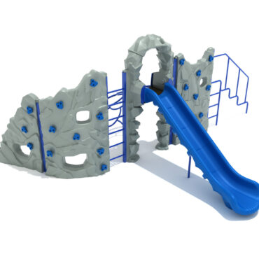 Craggy Summit Rock Climber and Slide with Cobalt Blue Posts, Cobalt Blue Rails, Gray Climbing Wall, Pacific Blue Hand holds and Pacific Blue Slide