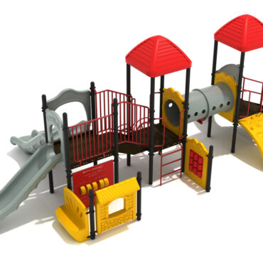 Steamboat Springs Spark Structure - Custom Colors (Gray Slides; Primary Red Roofs; Matte Black Posts; Brick Red Rails; Sunglow Yellow/Primary Red Panels and Climbers)
