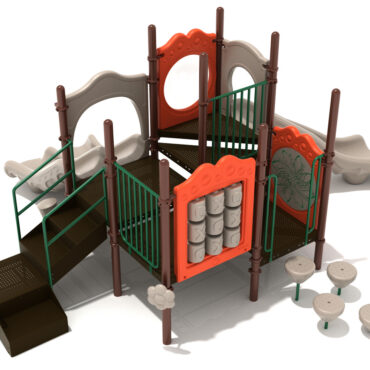 Red Bud Spark Structure - Custom Colors (Beige Slides; Brown Posts; Rainforest Green Rails; Orange/Beige Panels and Climbers)