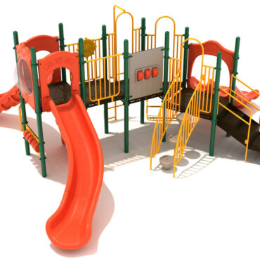 Henderson Spark Playground Structure - Custom Colors (Orange Slides; Rainforest Green Posts; Sunglow Yellow Rails; Beige/Orange Panels; Beige Climbers