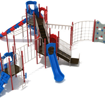 Oceanside Spark Playground Structure - Custom Colors (Primary Blue/Primary Red Slides; Sand Dollar Rails; Brick Red Posts; Gray/Primary Blue/Primary Red Climbers)