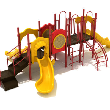 Barberton Spark Playground Structure - Custom Colors (Brick Red Posts/Rails; Sunglow Yellow Slides; Primary Red/Sunglow Yellow Panels)