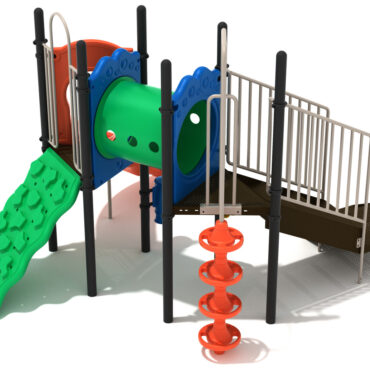 Custom Colors - Primary Green Climber/Bridge, Orange Slide/Climber, Matte Black Posts, Sand Dollar Rails