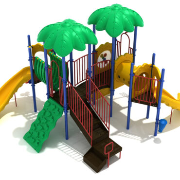 Custom Colors - Primary Green Roofs/Climbers, Sunglow Yellow Slides/Bridge, Brick Red Rails, Cobalt Blue Posts