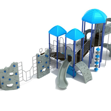 Slidell Spark Playground - Custom Colors (Sky Blue Roofs; Gray Slides; Cobalt Blue Posts; Silver Rails; Gray/Pacific Blue Climbers)