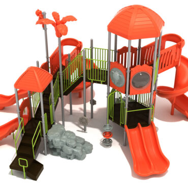 Point Clear Spark Playground custom colors - Orange Roofs/Slides/Panels; Lime Green Rails; Silver Posts; Gray/Orange Climbers
