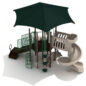 Broussard Spark Playground custom colors - Beige Slides; Rainforest Green Rails; Brown Posts; Hunter Green/Beige Climbers