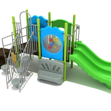 Mystic Spark Playground Structure - Custom Colors (Lime Green Posts; Primary Green Slides; Sky Blue Panels; Silver Rails; Gray Climbers)