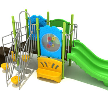 Mystic Spark Playground Structure - Custom Colors (Lime Green Slides/Posts; Silver Rails; Sunglow Yellow Climbers; Sky Blue Panels)