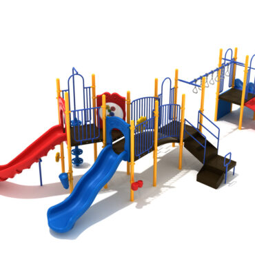 Bandera Spark Playground Structure - Custom Colors (Primary Red, Pacific Blue Slide; Sunglow Yellow Posts; Cobalt Blue Rails)
