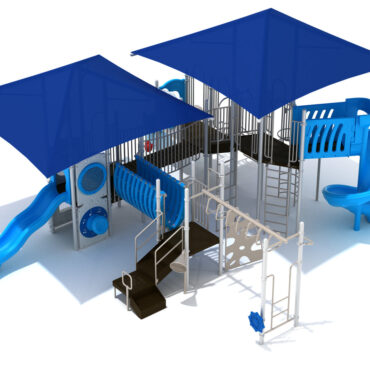Uptown District Spark Playground - Custom Colors (Pacific Blue Shades; Sky Blue Slides; Sand Dollar Rails; White Posts; White/Sky Blue Climbers)