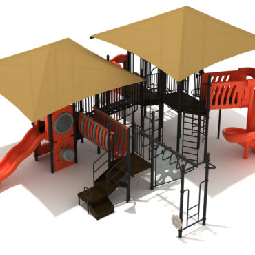 Uptown District Spark Playground - Custom Colors (Tan Shades; Orange Slides; Matte Black Posts/Rails; Orange/Gray Climbers)