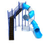 Freestanding 12' Spiral Tube Slide in with Sky Blue Tube and Cobalt Blue Posts and Rails