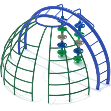Back View of Delta Pod Climber Dome Station - Cobalt Blue Posts, Rainforest Green Rails, Pacific Blue, Primary Green & Tan Pods