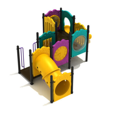 Naples Spark Structure in custom colors-  Matte Black Posts; Purple Rails; Sunglow Yellow  Tubes & Slides; Teal, Purple and Sunglow Yellow Panels