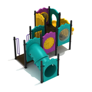 Naples Spark Structure in custom colors-  Matte Black Posts; Purple Rails; Teal Tubes; Sunglow Yellow Slides; Teal, Purple and Sunglow Yellow Panels