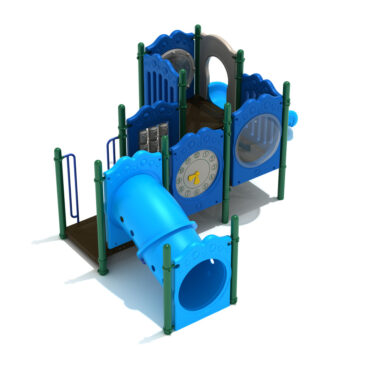Naples Spark Structure in custom colors - Rainforest Green Posts; Cobalt Blue Rails; Sky Blue Tubes; Sky Blue Slides; Pacific Blue Panels