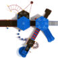 Cleora Inclusive Play Structure Top View with Sunglow Yellow Posts, Brick Red Rails, Pacific Blue Roofs and Pacific Blue & Primary Red Plastics