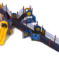 Bowling Berm Inclusive Play Structure Front View with Brick Red Posts, Cobalt Blue Rails, Pacific Blue Panels, Sunglow Yellow Slides and Sunglow Yellow and Pacific Blue Climbers