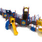 Bowling Berm Inclusive Play Structure Back View with Brick Red Posts, Cobalt Blue Rails, Pacific Blue Panels, Sunglow Yellow Slides and Sunglow Yellow and Pacific Blue Climbers