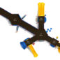 Bowling Berm Inclusive Play Structure Top View with Brick Red Posts, Cobalt Blue Rails, Pacific Blue Panels, Sunglow Yellow Slides and Sunglow Yellow and Pacific Blue Climbers