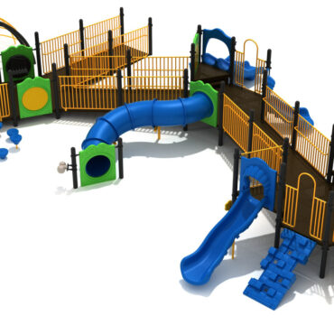 Wysteria Wilds Back View with Matte Black Posts, Sunglow Yellow Rails, Primary Green Panels & Pacific Blue Slides