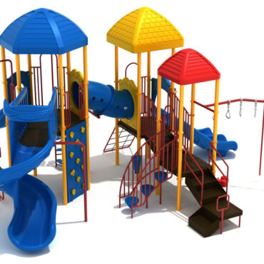 Capron Play Structure in Custom Colors with Sunglow Yellow Posts, Brick Red Rails, Pacific Blue Slides and Climbers, with Pacific Blue, Sunglow Yellow and Primary Red Roofs