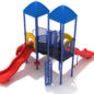 Dotyville Play Structure Back View with Cobalt Blue Posts, Cobalt Blue Rails, Pacific Blue Roofs, Sunglow Yellow Panels and Primary Red Slides and Climbers.