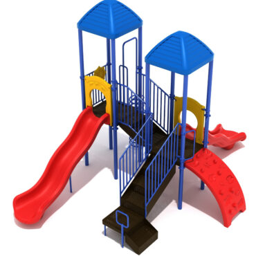 Dotyville Play Structure Front View with Cobalt Blue Posts, Cobalt Blue Rails, Pacific Blue Roofs, Sunglow Yellow Panels and Primary Red Slides and Climbers.