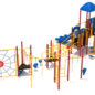 Pryor Play Structure Front View with Brick Red Posts, Sunglow Yellow Rails, Pacific Blue Slides, Roof and Panels