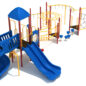 Pryor Play Structure Back View with Brick Red Posts, Sunglow Yellow Rails, Pacific Blue Slides, Roof and Panels