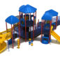 Glacier Bay Inclusive Play Structure - Back View with Brick Red Posts, Cobalt Blue Rails, and Pacific Blue & Sunglow Yellow Plastics