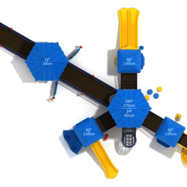 Glacier Bay Inclusive Play Structure - Top View with Brick Red Posts, Cobalt Blue Rails, and Pacific Blue & Sunglow Yellow Plastics