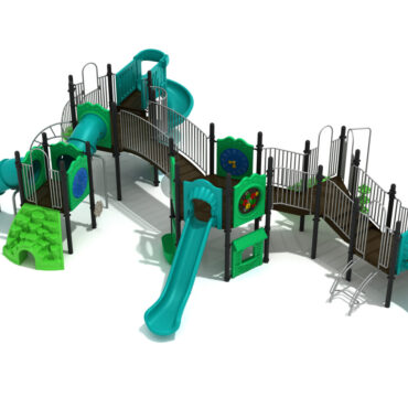 Tuxedo Ridge Max Structure - Back View with Matte Black Posts, Silver Rails, and Lime Green & Teal Plastics