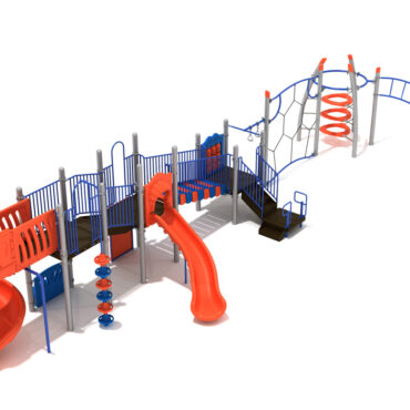 Conyers Farm Max Structure - Front View with Silver Posts, Cobalt Blue Rails, and Orange & Pacific Blue Plastics