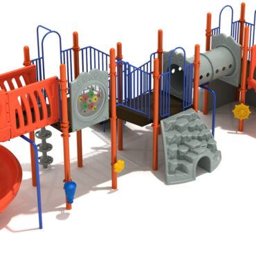 Hillandale Max Structure - Back View with Orange Posts, Cobalt Blue Rails, Gray Plastic, and Orange Hand Holds