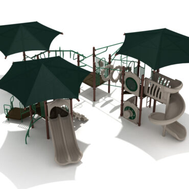 Pomander Walk Max Structure - Back View with Brown Posts, Rainforest Green Rails, Beige Plastic and Brunswick Green Shades