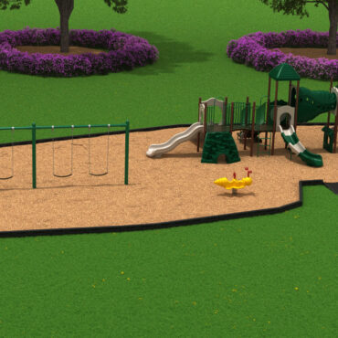 Play Package #33 Side View with Neutral Color Schemed Structure, Cobalt Blue Swings, Betsy Bee Spring Rider, Border Timbers, ADA Half Ramp and Border Bench
