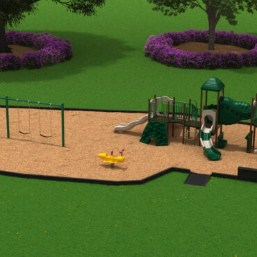 Play Package #33 Front View with Neutral Color Schemed Structure, Cobalt Blue Swings, Betsy Bee Spring Rider, Border Timbers, ADA Half Ramp and Border Bench