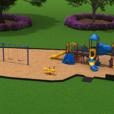 Play Package #33 Front View with Primary Color Schemed Structure, Cobalt Blue Swings, Betsy Bee Spring Rider, Border Timbers, ADA Half Ramp and Border Bench