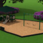 Play Package #35 Side View with Neutral Color Schemed Structure, Cobalt Blue Swings, Betsy Bee Spring Rider, Border Timbers, ADA Half Ramp and Border Bench