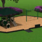 Play Package #35 Front View with Neutral Color Schemed Structure, Cobalt Blue Swings, Betsy Bee Spring Rider, Border Timbers, ADA Half Ramp and Border Bench